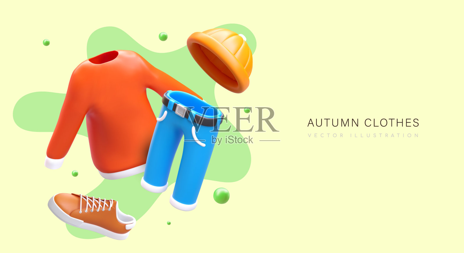 秋天的衣服。新的集合。逼真的毛衣，牛仔裤，帽子，运动鞋插画图片素材