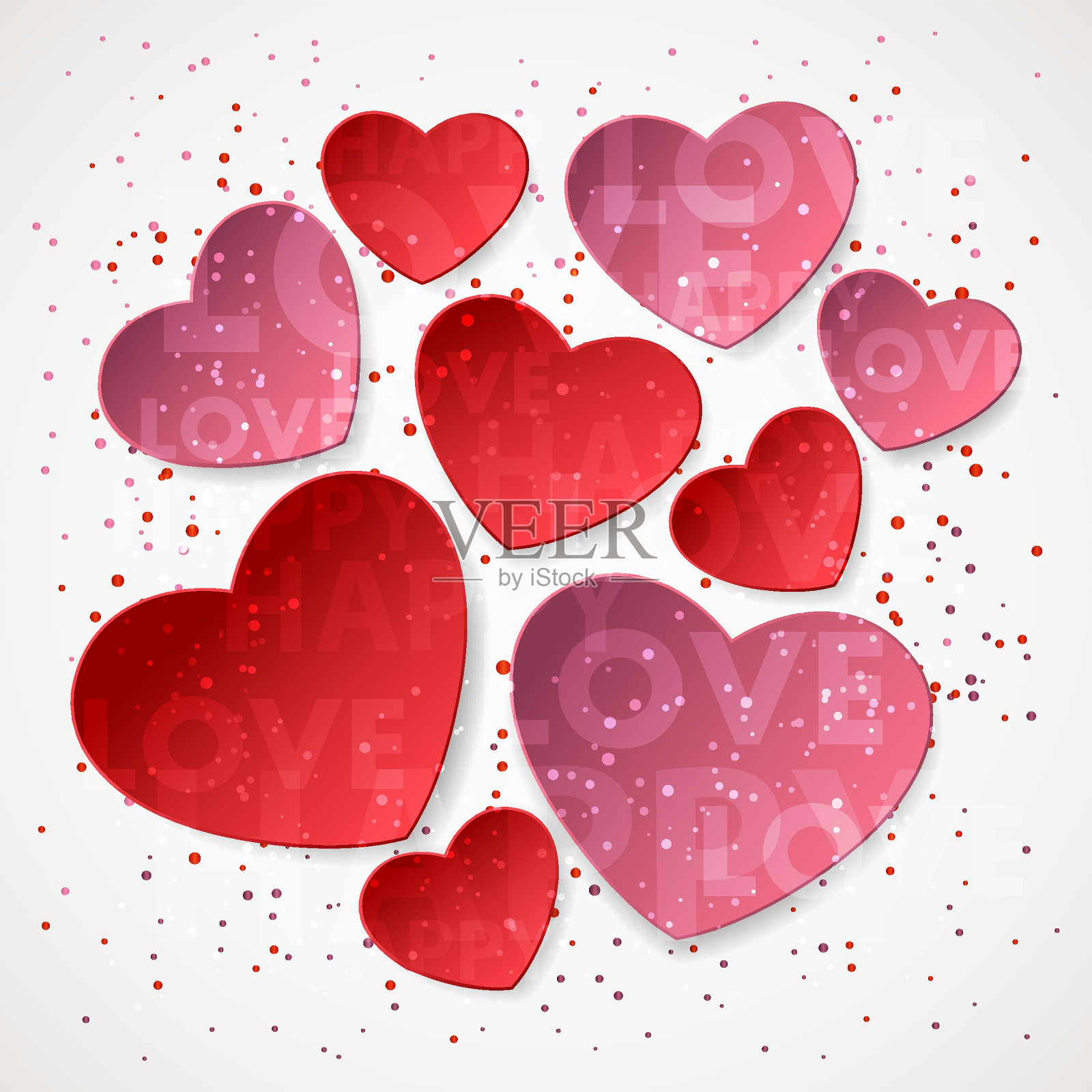 贴纸由粉红色和红色的心形纸和彩色纸屑，火花，灰尘。矢量插图情人节快乐。节日的背景。插画图片素材