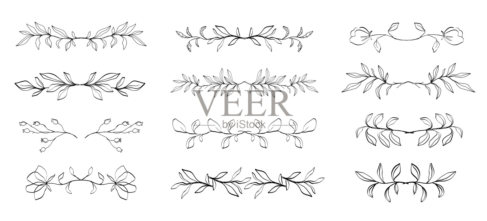 花叶分隔设置。手绘分支边界元素收集孤立的白色。插画图片素材
