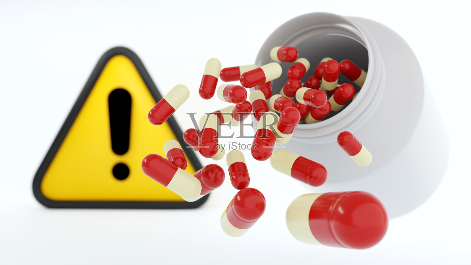 白色背景上有感叹号的胶囊药丸，对健康有危险的药物，化学品，过期药物，药物过敏的概念照片摄影图片