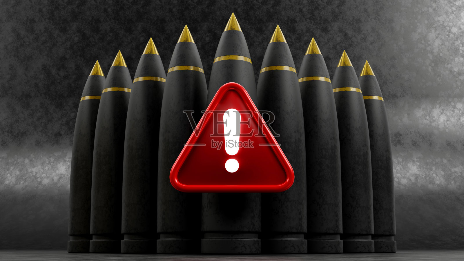 带有炸弹的惊叹号图标3D渲染，国际上关注、问题和谨慎的象征照片摄影图片