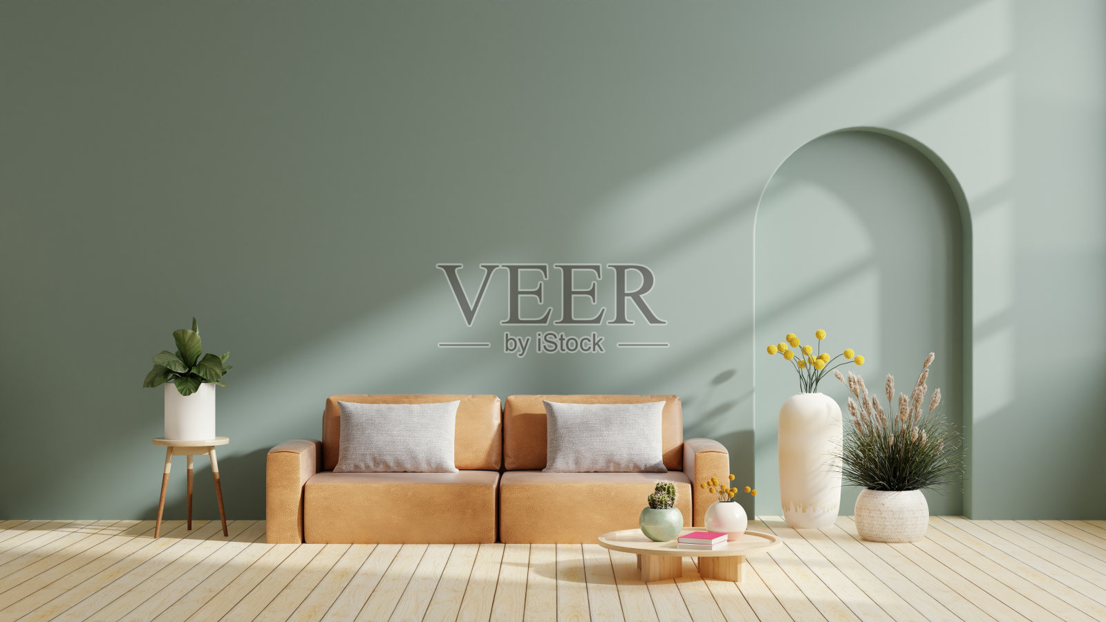 现代极简室内与皮革沙发在空的深绿色墙壁背景。照片摄影图片