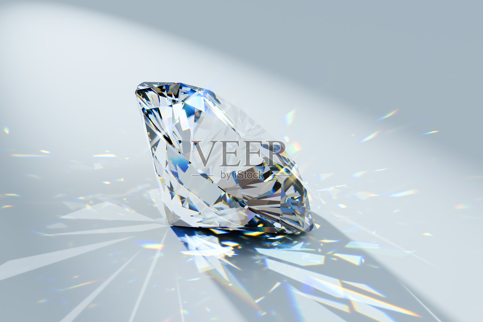 钻石在聚光灯下，白色背景，侧视图照片摄影图片