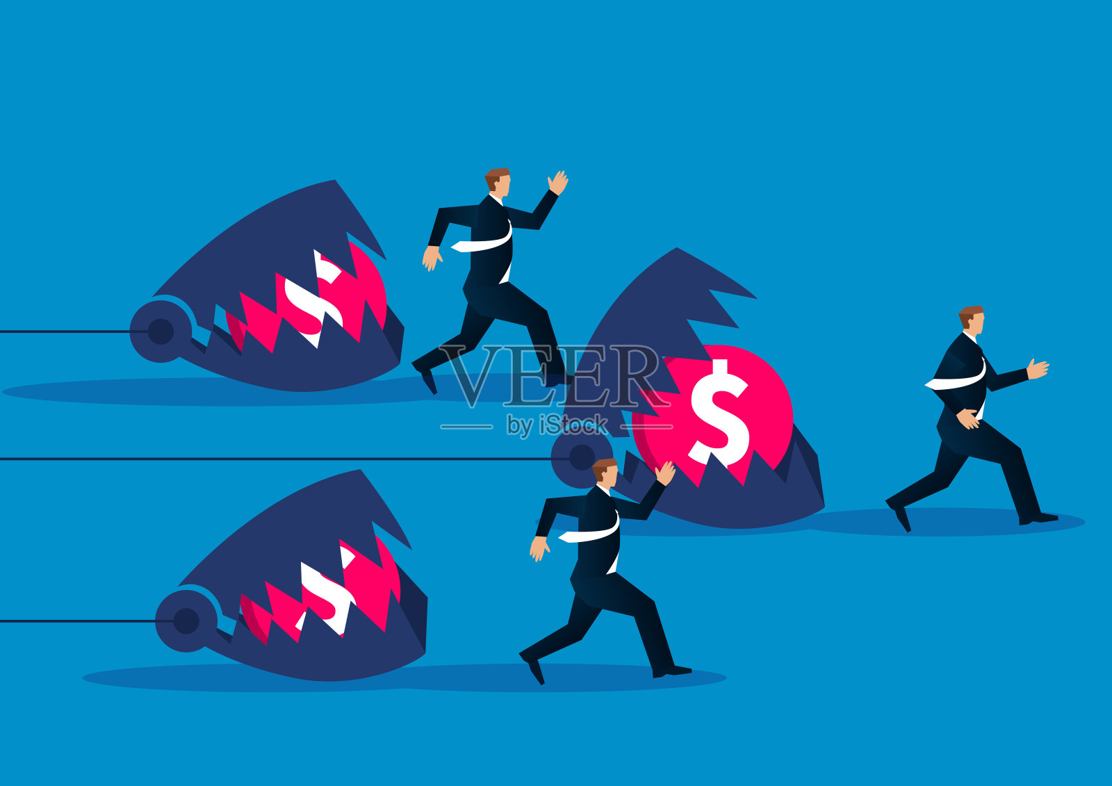 藏金币的陷阱追赶着一群商人插画图片素材