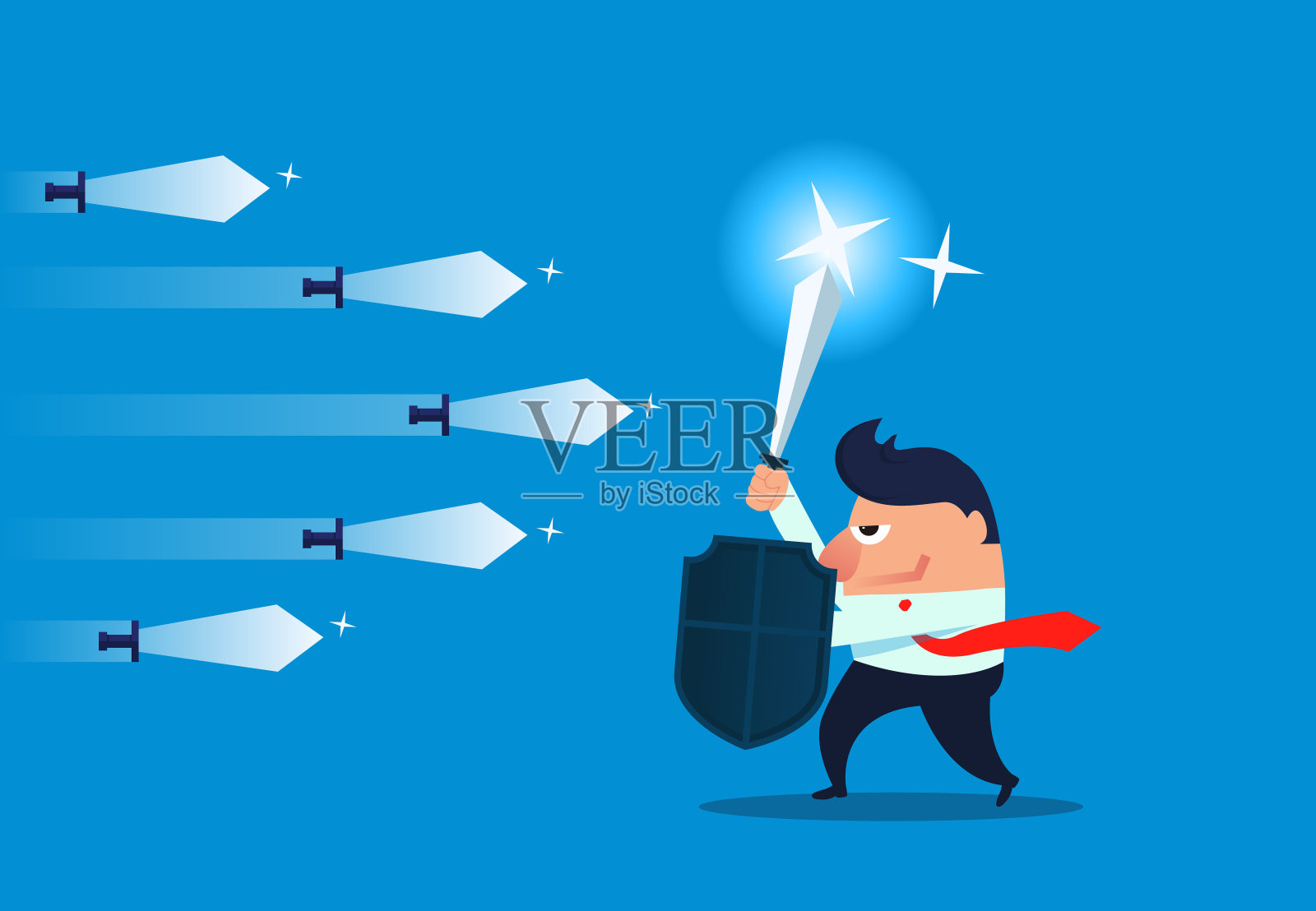 商人拿着剑和盾保卫飞刀插画图片素材