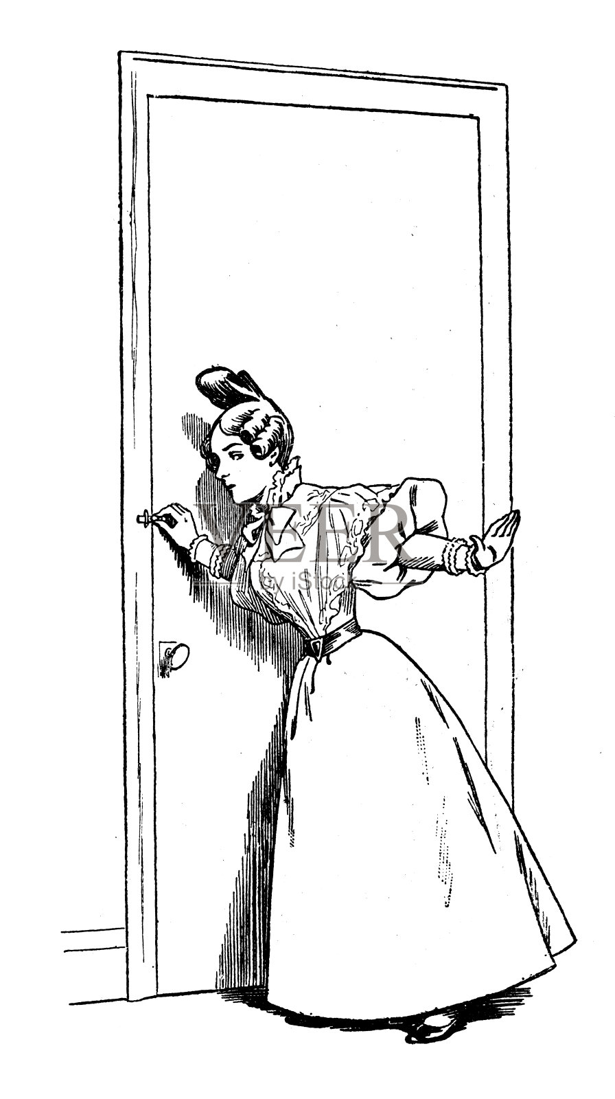 古董插图:偷听门插画图片素材