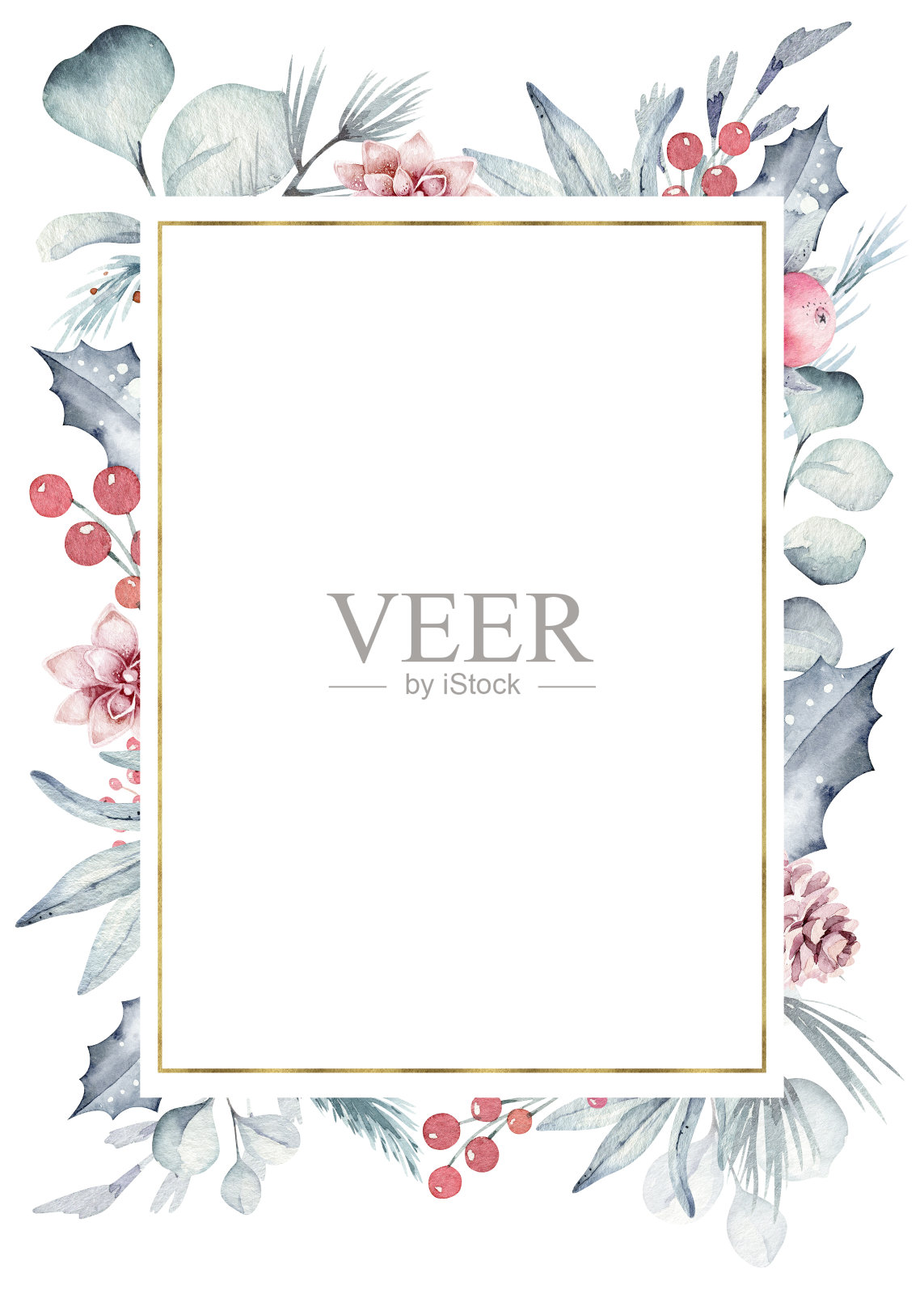 水彩画新年冬天的背景与植物，树枝，浆果，桉树和飞溅。圣诞预制场景与鲜花框架。聚会的邀请插画图片素材