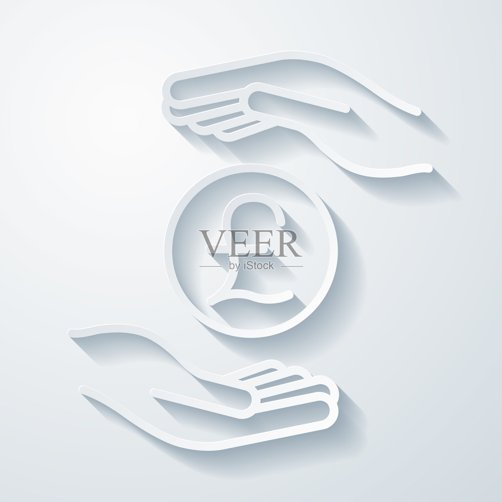 手里拿着一英镑硬币。空白背景上剪纸效果的图标插画图片素材