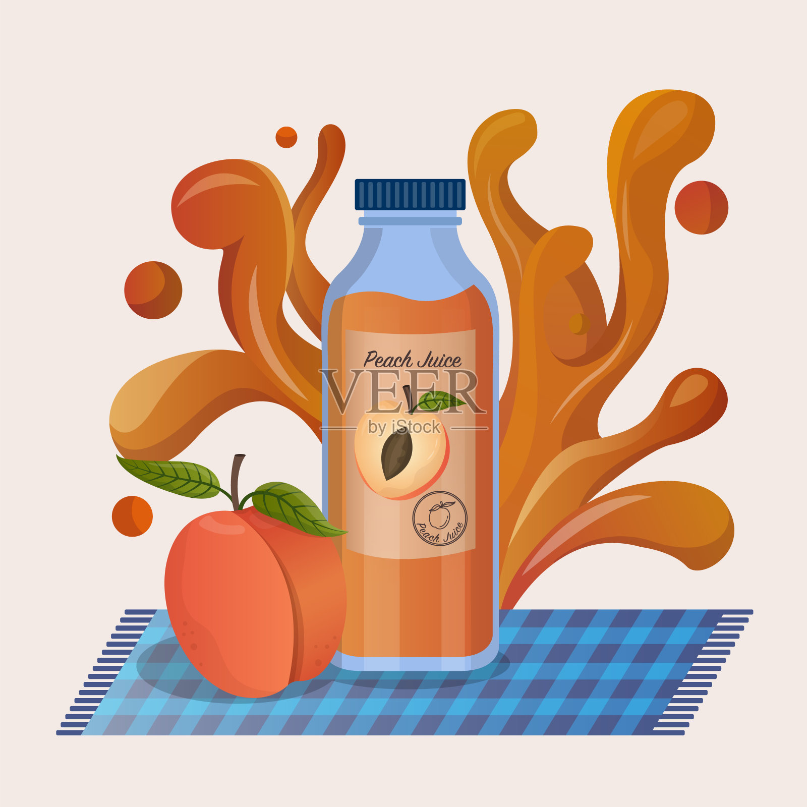 新鲜桃汁玻璃瓶概念。桃子滴果汁和波纹插画图片素材