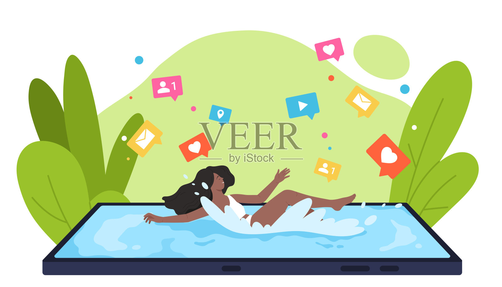 社交媒体上瘾的女人在手机屏幕上游泳，快乐的女孩漂浮插画图片素材