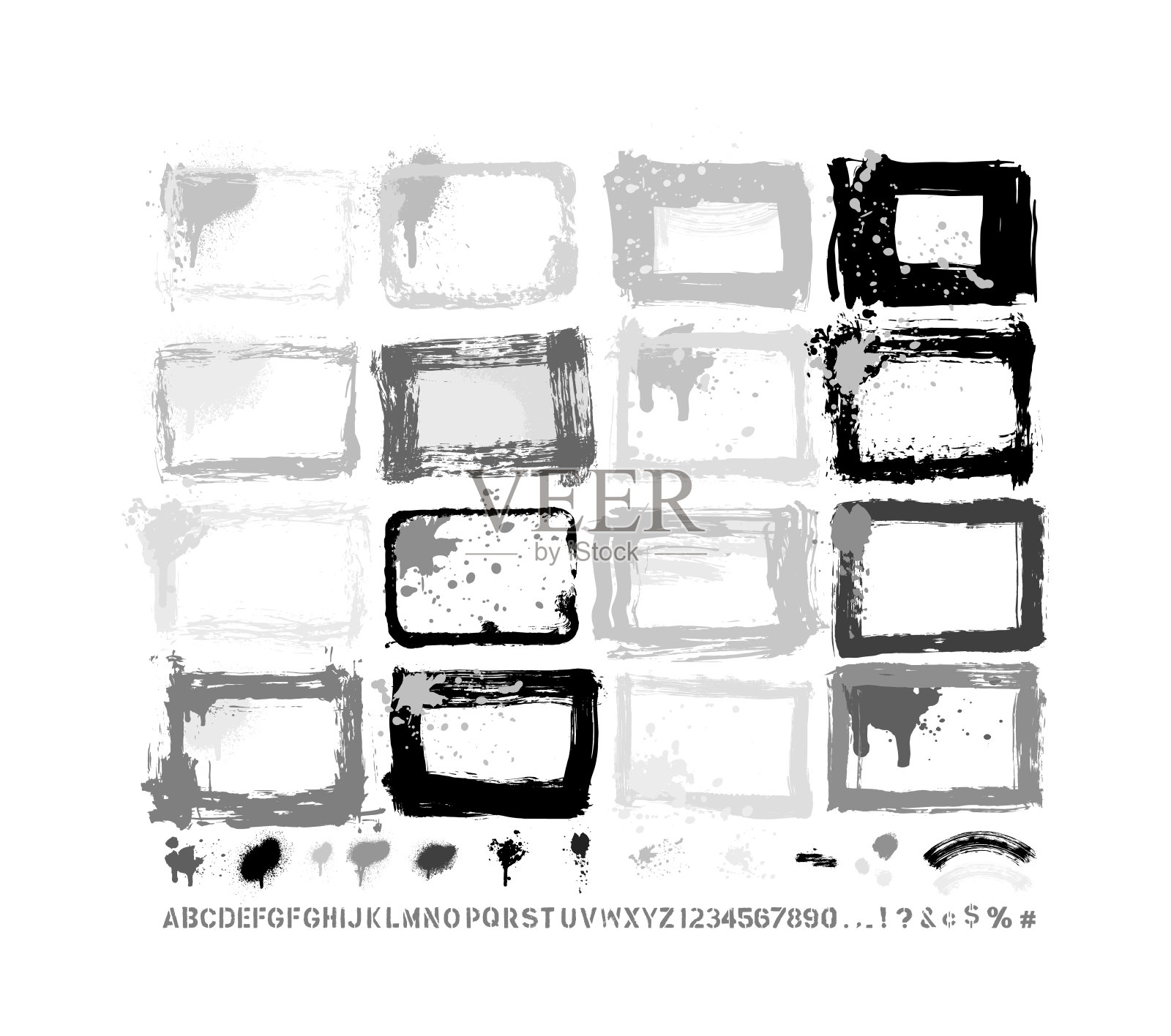 设计师要点:油漆垃圾边框模板&飞溅&滴&滴&手工制作的字母字体矢量集插画图片素材