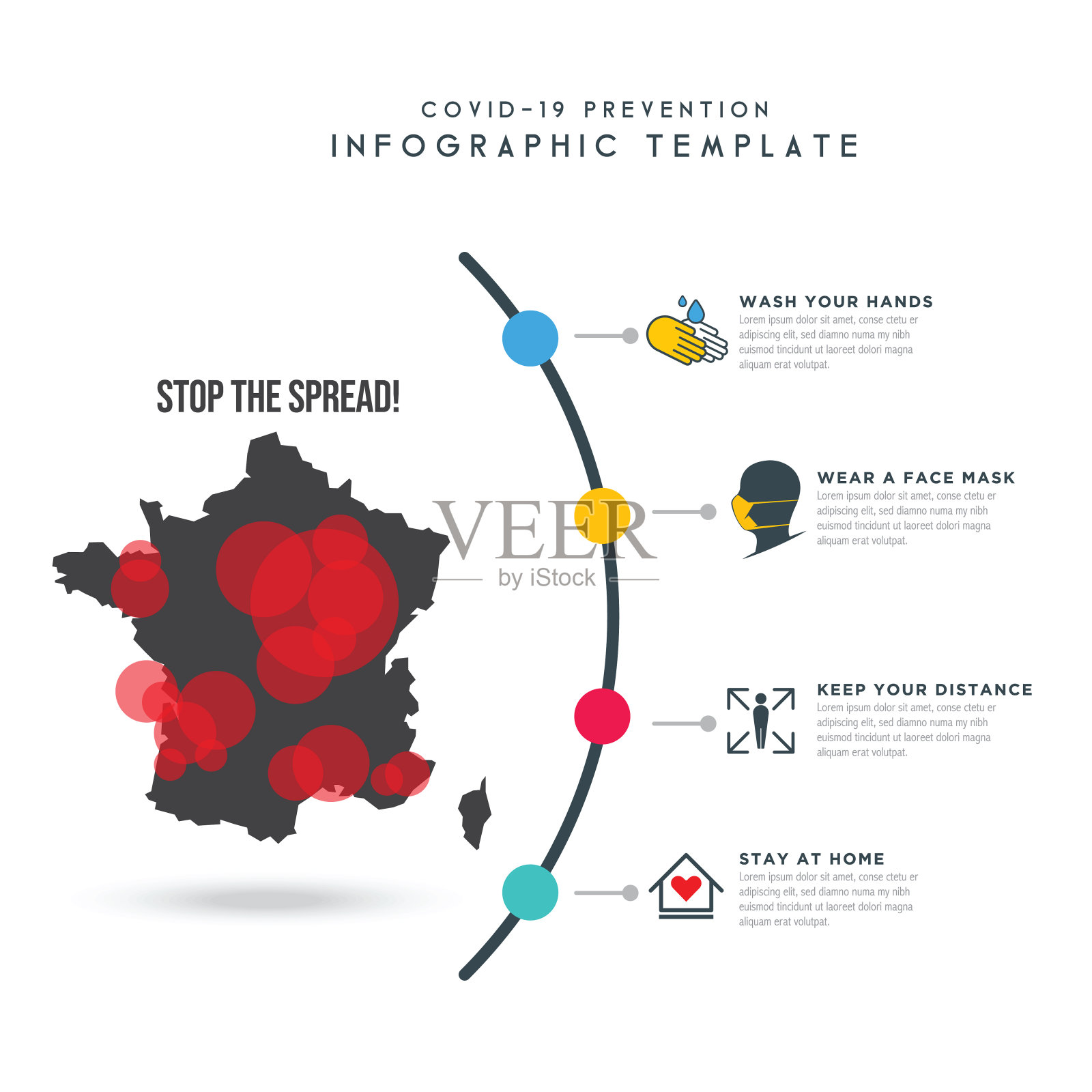 法国的概念。Covid-19或冠状病毒信息图元素设计。抽象工作流库存说明。圆形库存图插画图片素材