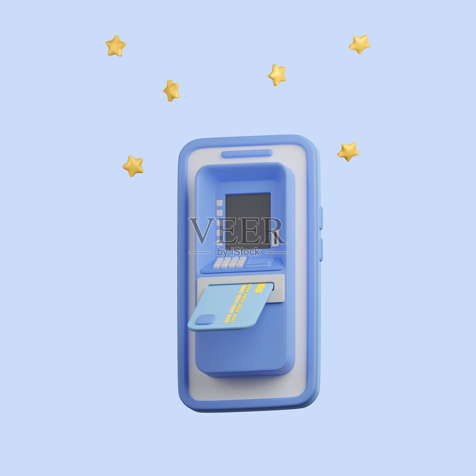 带手机和信用卡的自动取款机。手机银行，网上理财。汇款，网上支付，省钱。金融交易概念。3d图标渲染图。照片摄影图片