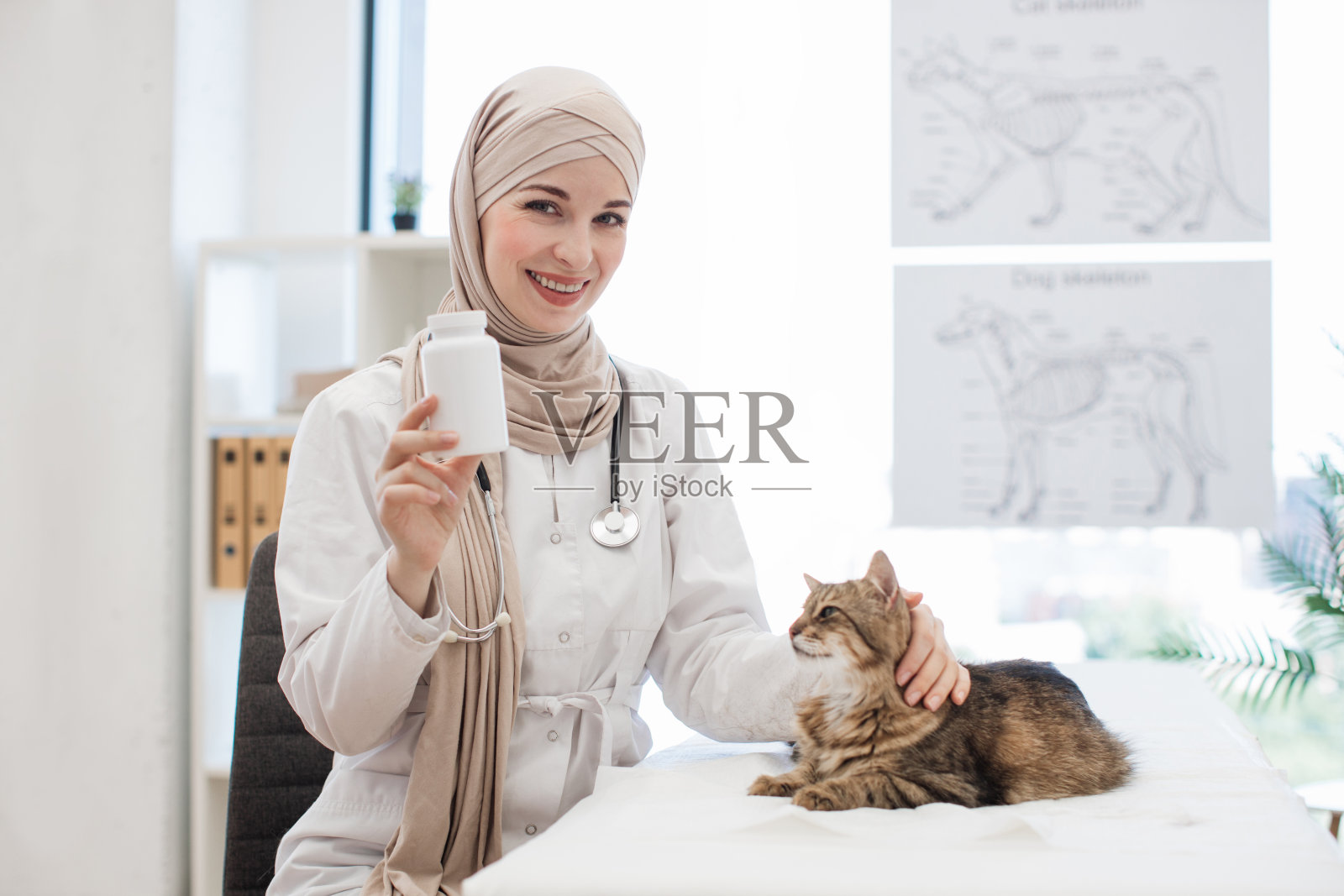 阿拉伯兽医在检查室与猫和药瓶合影照片摄影图片