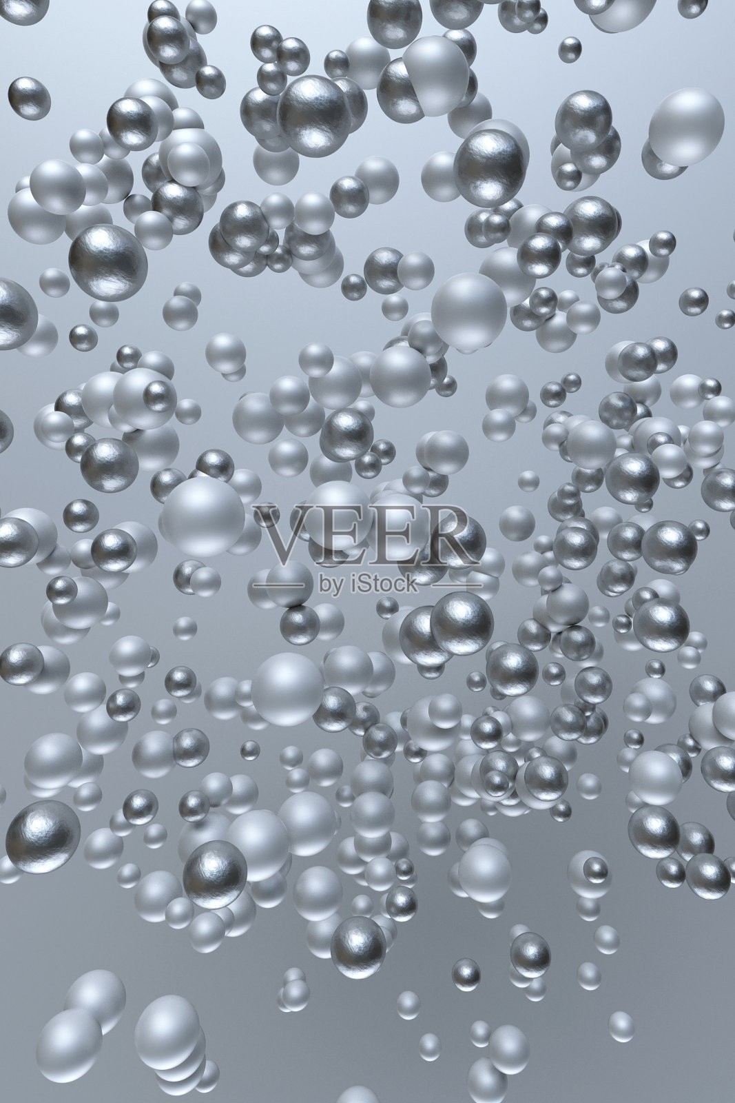 3D飞行银色节日泡泡，球体，球。用于创意设计，海报，贺卡的数字构图。照片摄影图片