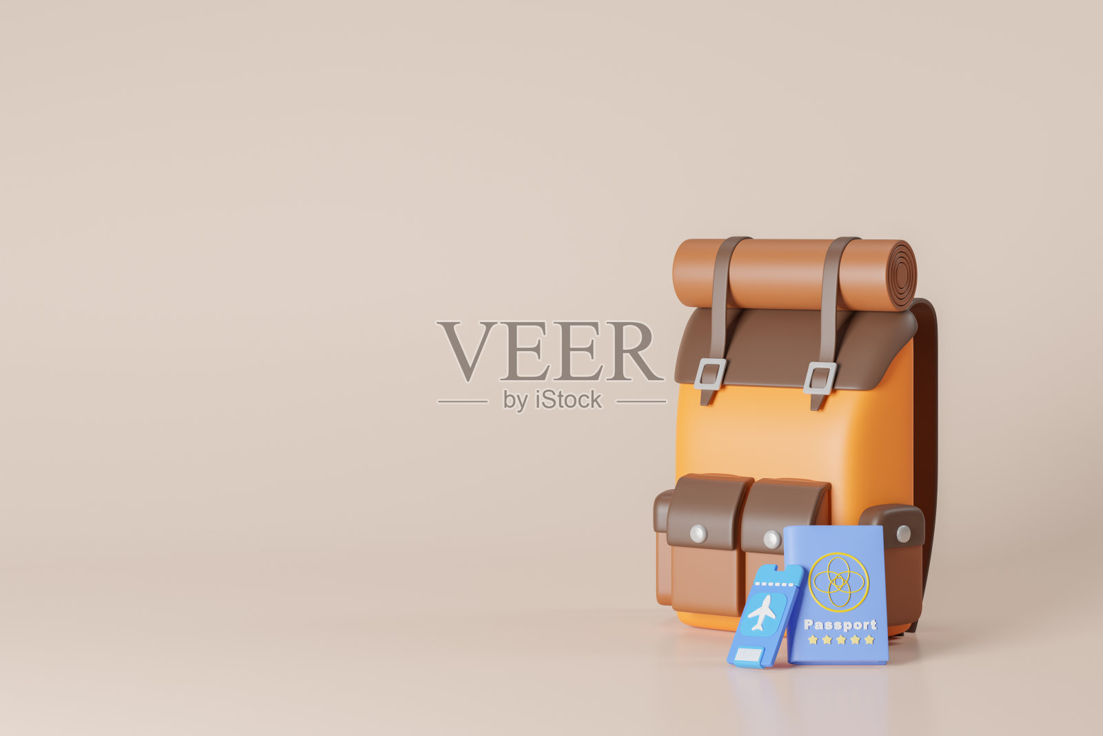 露营者背包。旅客背包，有登机牌和护照。在线旅游规划概念3d背景渲染图照片摄影图片