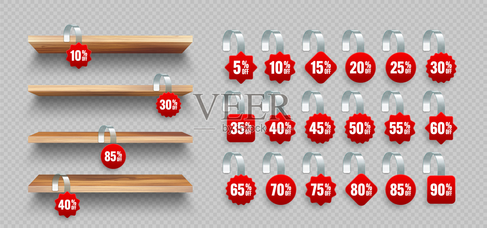 商店货架上的超市促销摆动器。木制产品货架和广告摆架，打九折。杂货墙架。特价标签，特价价格标签。矢量图插画图片素材