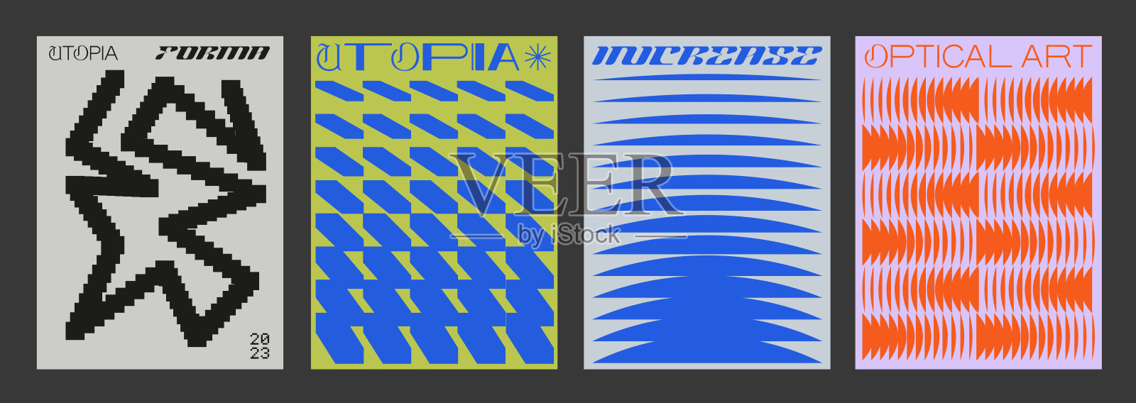 一套很酷的抽象几何海报。光学错觉圆形状元素。锐舞酸平面设计。瑞士设计复古标牌。插画图片素材