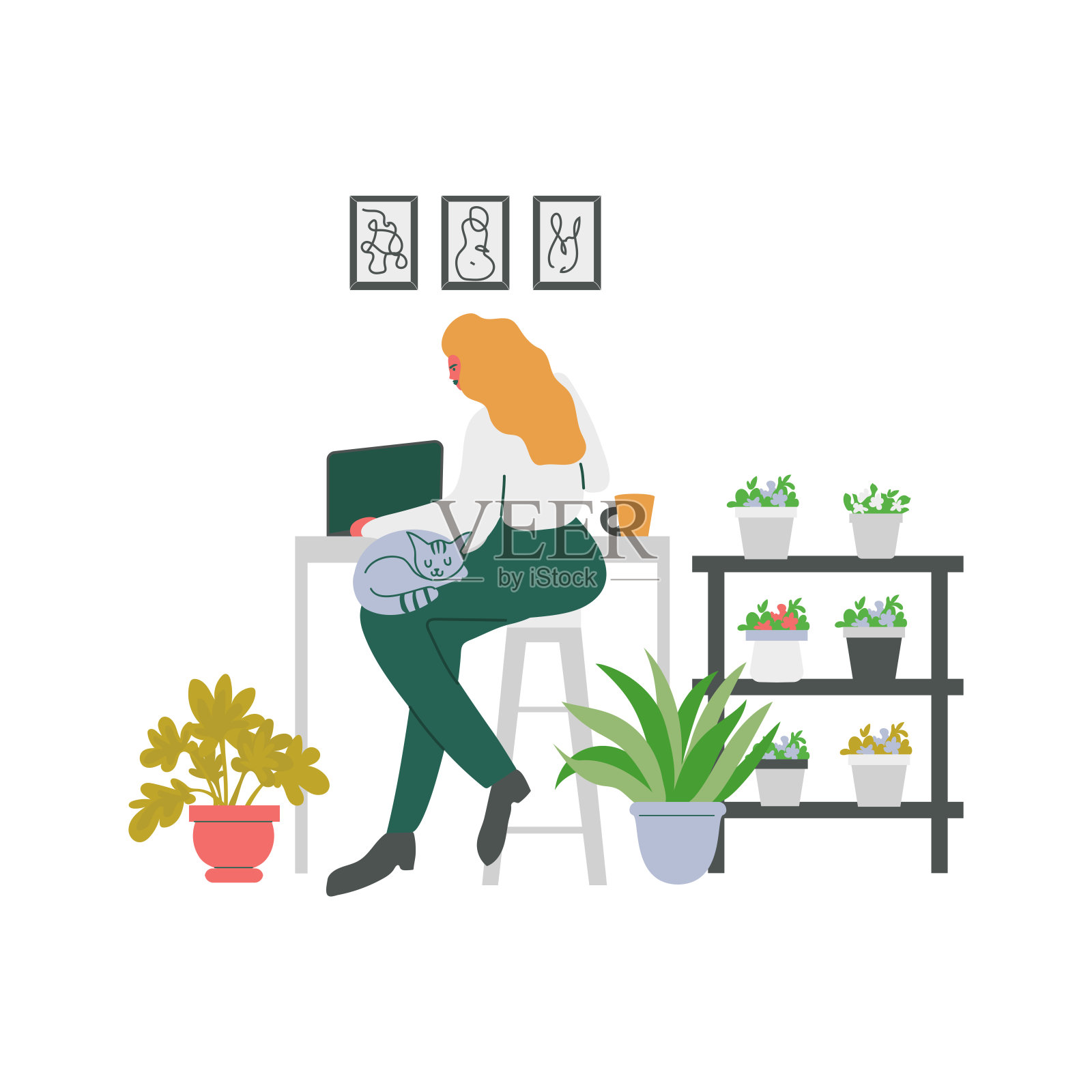 女性自由职业者坐在家里，在白色背景下独自工作。插画图片素材