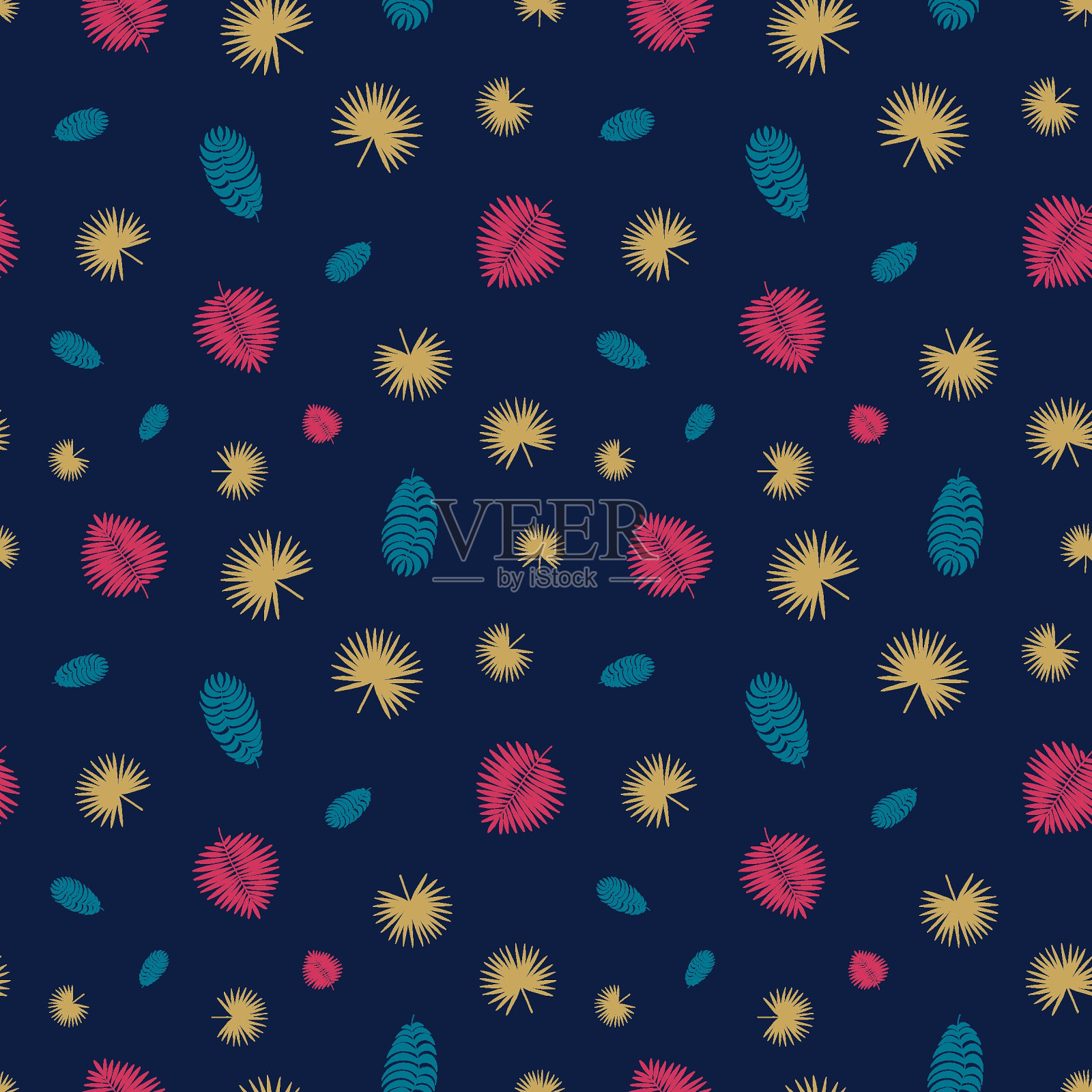 钴蓝色背景上的彩色热带树叶无缝图案。插画图片素材