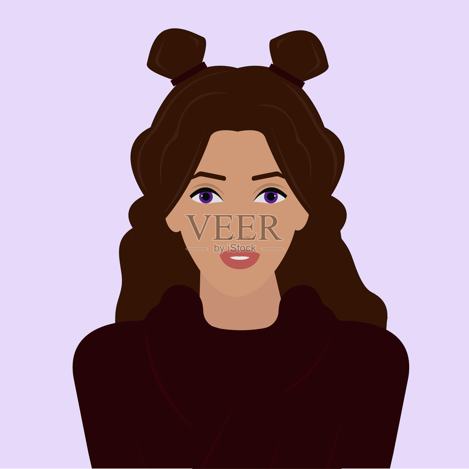 美丽的女孩，深色的头发和紫色的眼睛在浅色的背景插画图片素材