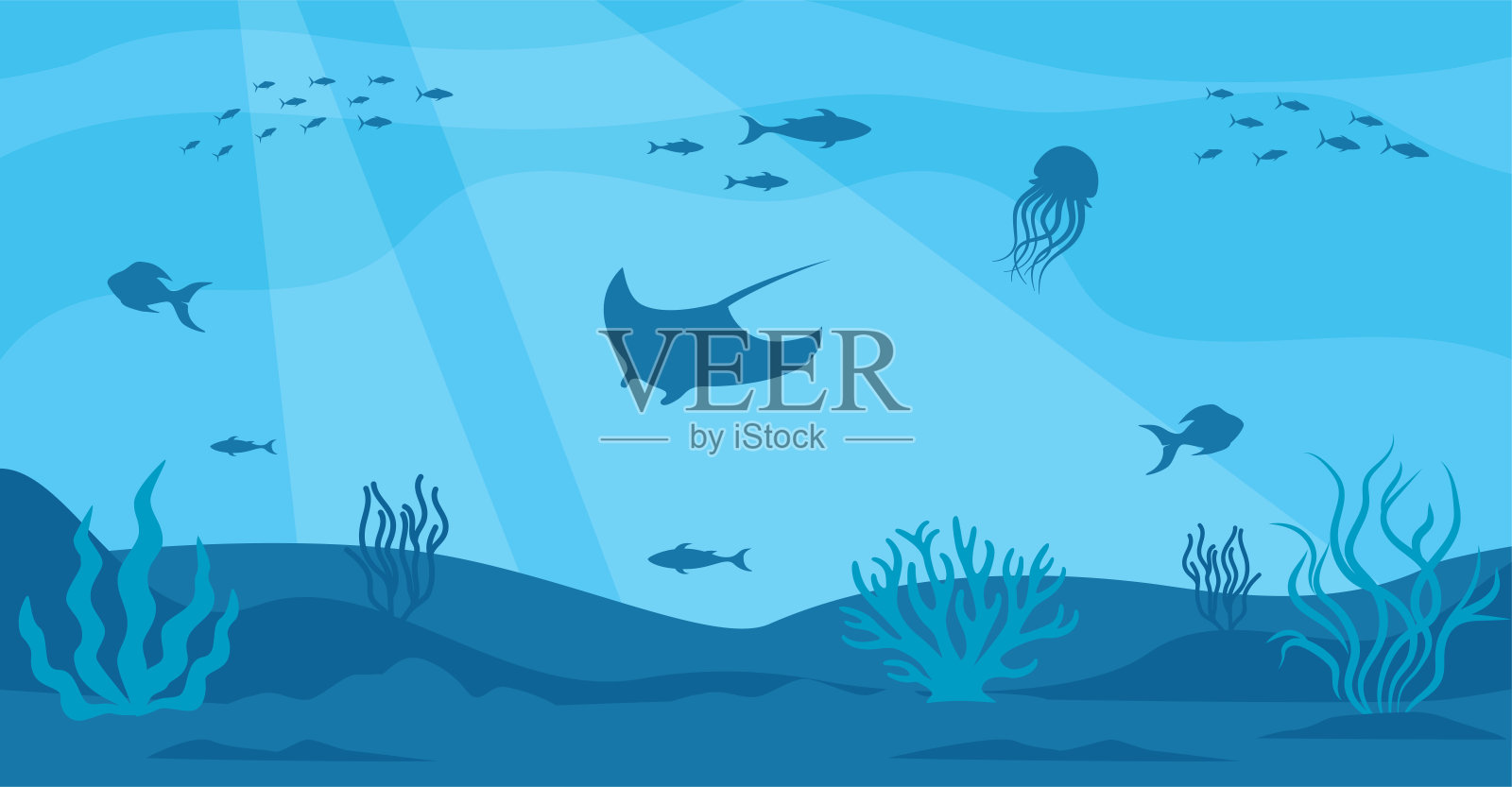 水下卡通景观。海底。可爱的鲸鱼。鱼，植物，水母。矢量插图。插画图片素材