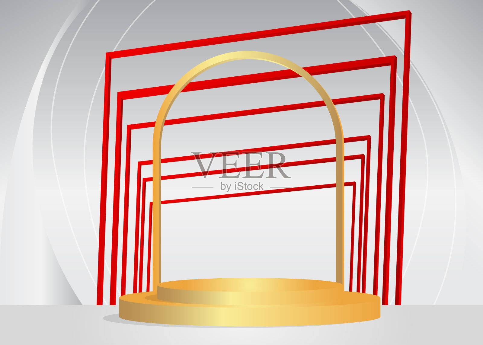 抽象的金色，白色和红色的模型产品展示。用于演示的气缸基座平台。矢量最小几何舞台展示。插画图片素材