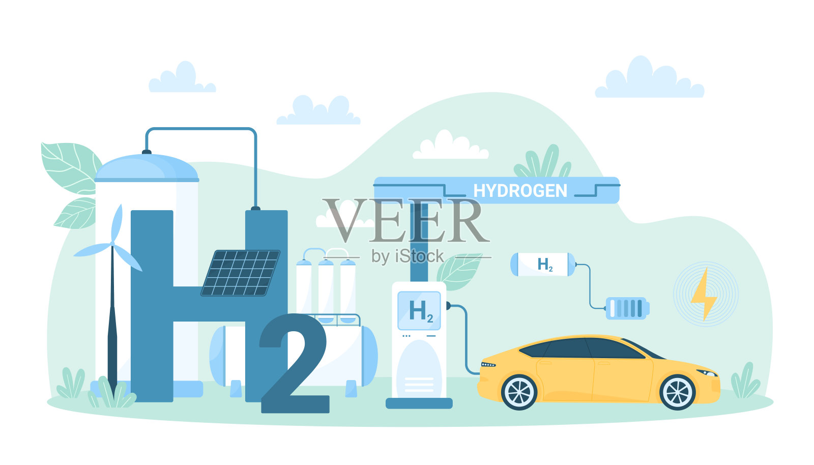 站内使用环保汽车的绿色氢燃料加注，可持续能源插画图片素材