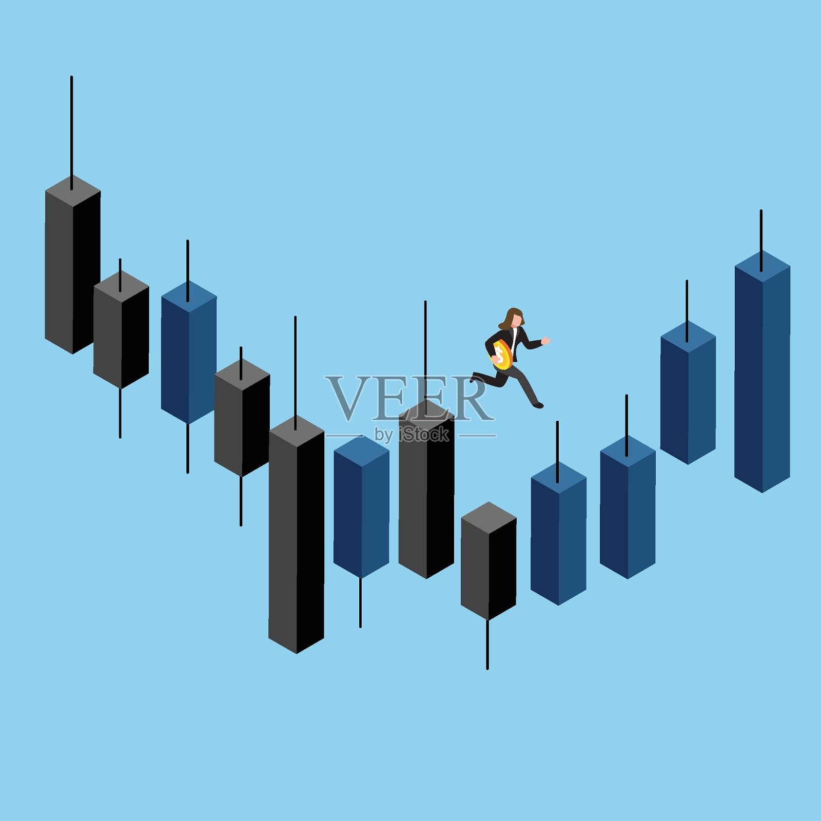 女商人在蜡烛图上跳跃插画图片素材