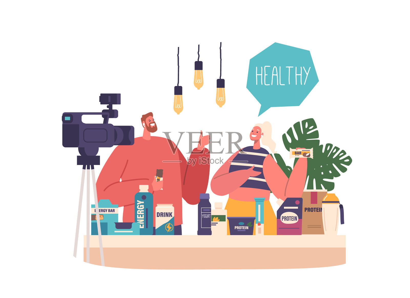 博主夫妇在相机上宣传运动营养产品，分享他们的好处，矢量插图插画图片素材
