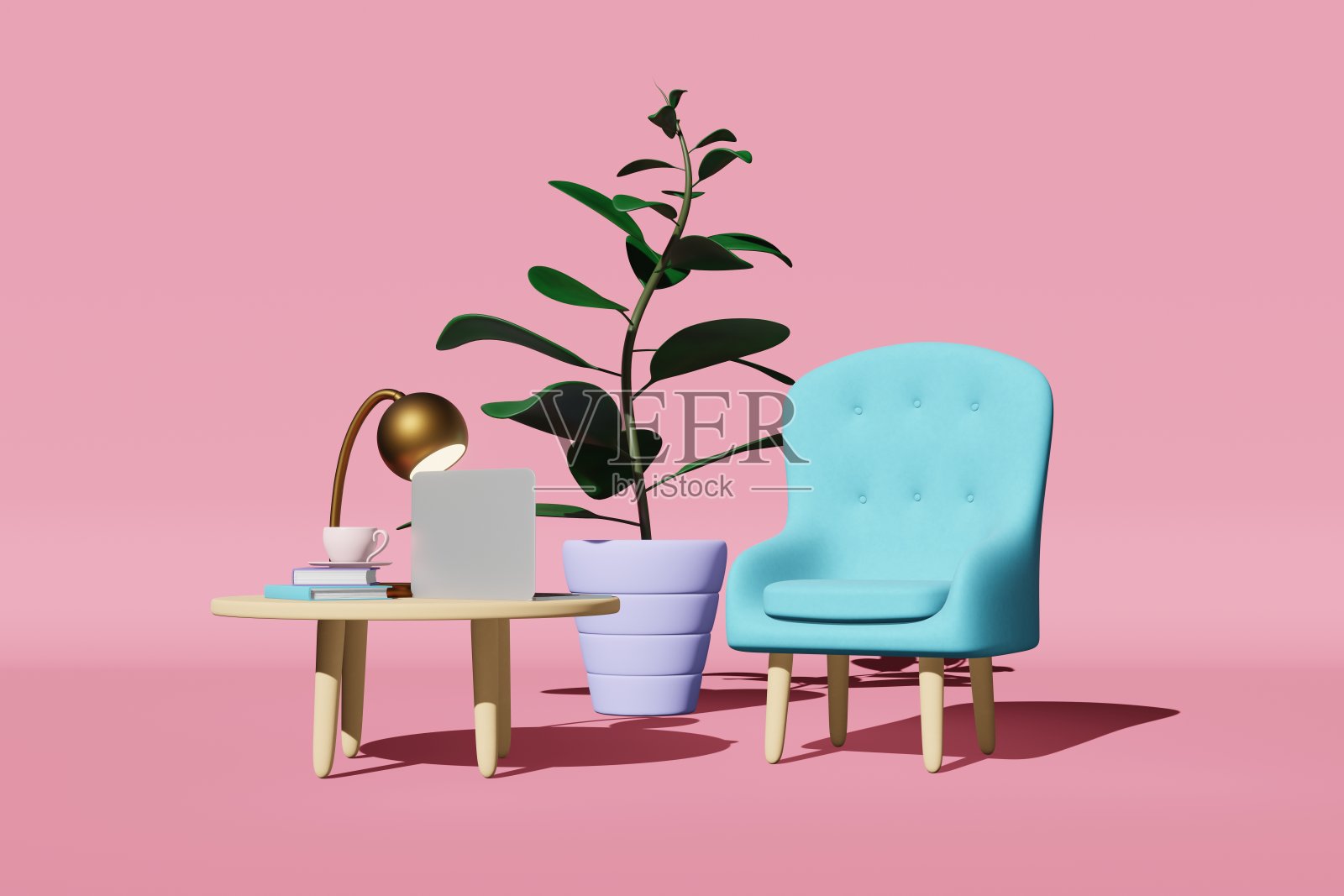 工作空间家具销售粉红色客厅软扶手椅桌子笔记本电脑咖啡杯书植物3D渲染演示。照片摄影图片