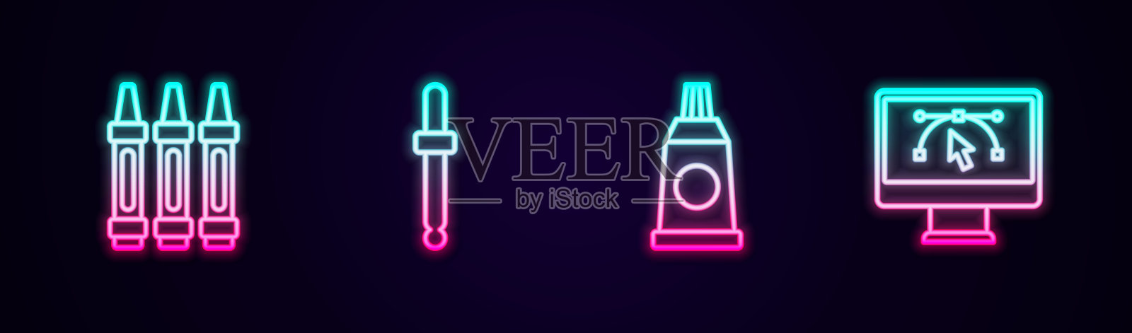设置线蜡笔绘制，滴管颜色选择调色板，管与油漆和计算机设计程序。发光的霓虹灯图标。向量图标素材
