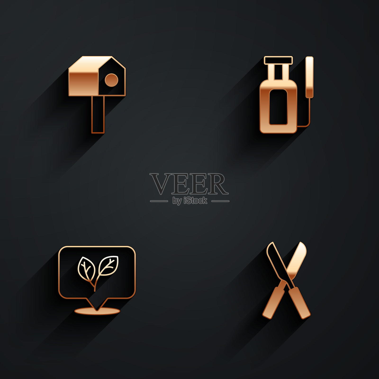 集鸟的房子，花园喷雾器的水，叶子和园艺剪刀图标长阴影。向量图标素材