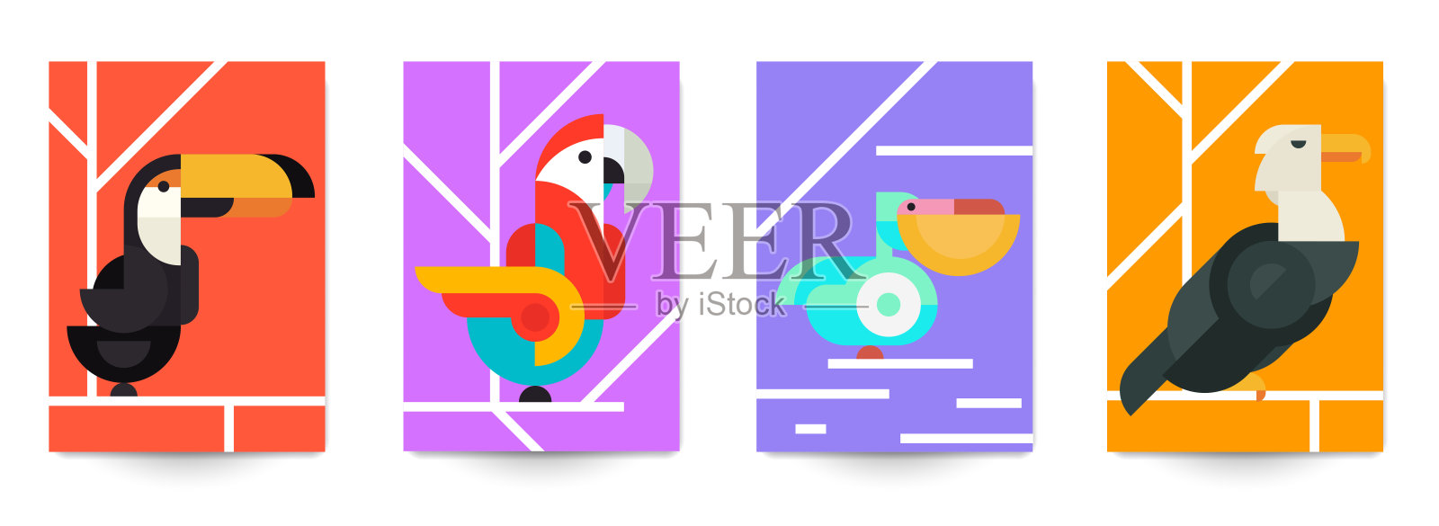 一组最小的抽象几何背景与鸟。巨嘴鸟，鹦鹉，鹈鹕，鹰。创意的现代组成的横幅，封面，海报，卡片。矢量明亮的复古插图。插画图片素材