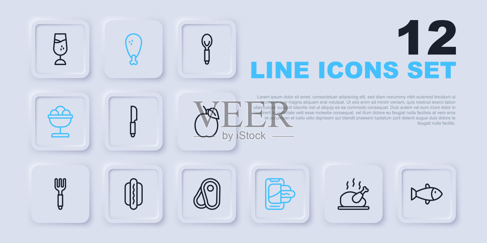 设定线烤火鸡或鸡，鱼，刀，移动订餐，冰淇淋碗，热狗，鸡腿和牛排肉图标。向量图标素材