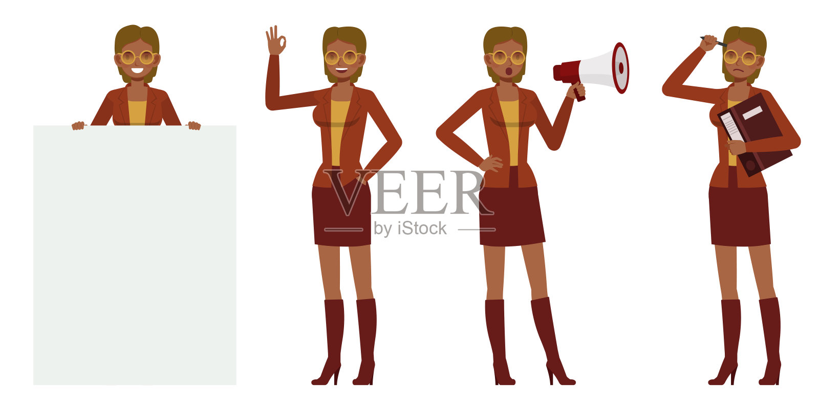 一套职业女性穿棕色西装的性格矢量设计。呈现在各种动作中。在办公室工作的人进行规划、思考和经济分析。插画图片素材