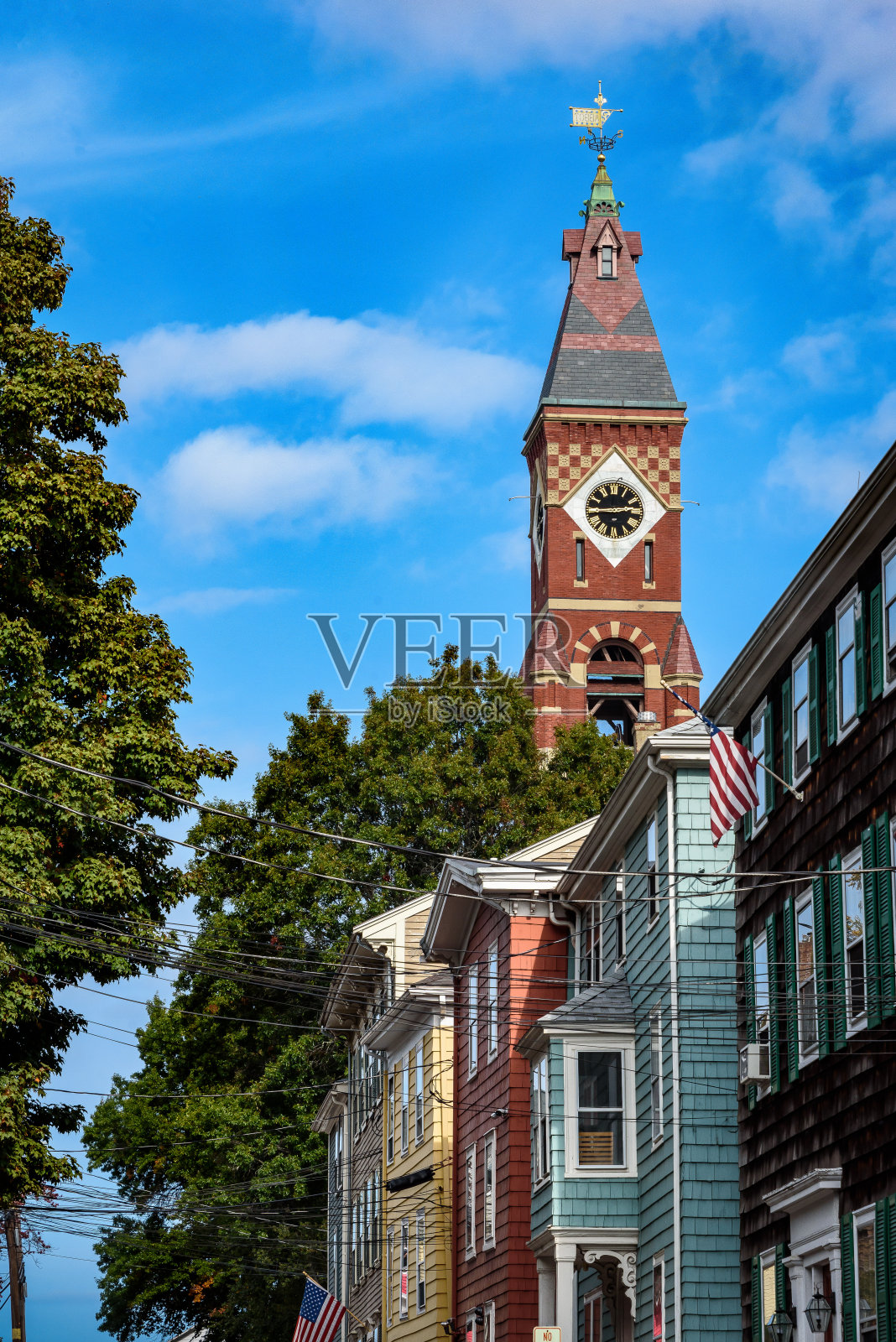 马布尔黑德市政厅钟楼，阿博特大厅，马布尔黑德马萨诸塞州照片摄影图片