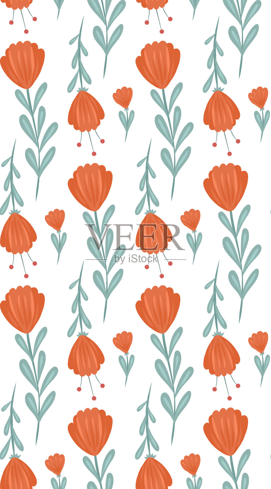 矢量无缝模式与简单的橙色民间艺术花和茎在一个白色的背景。花香乡村质感插画图片素材