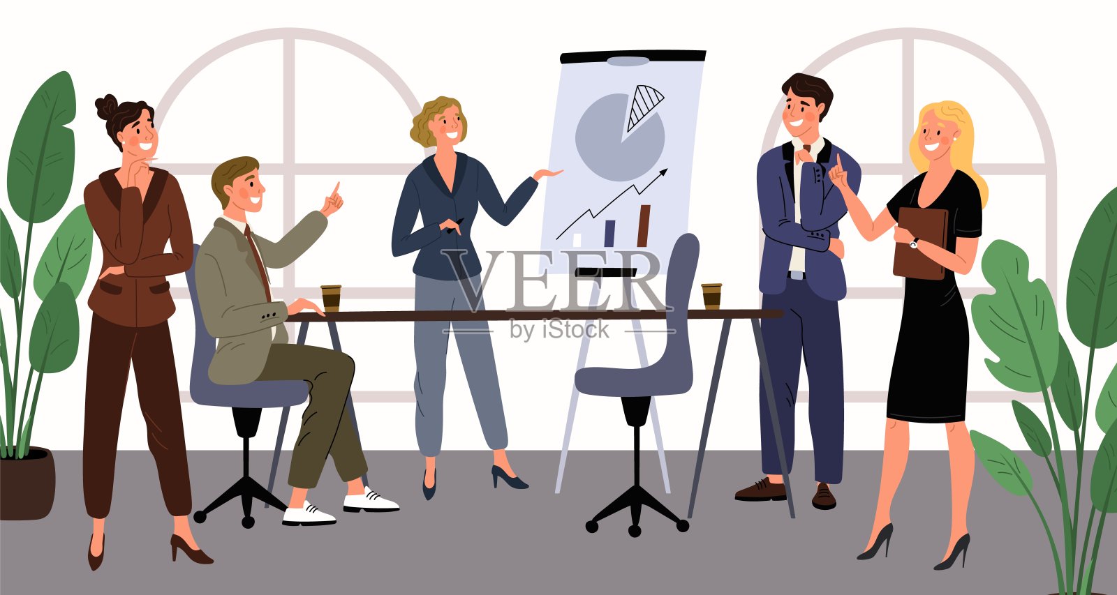 女商人主持演讲。女士在会议室谈论项目。办公室员工听报告。女商人在白板上展示信息图表。格里什矢量概念插画图片素材