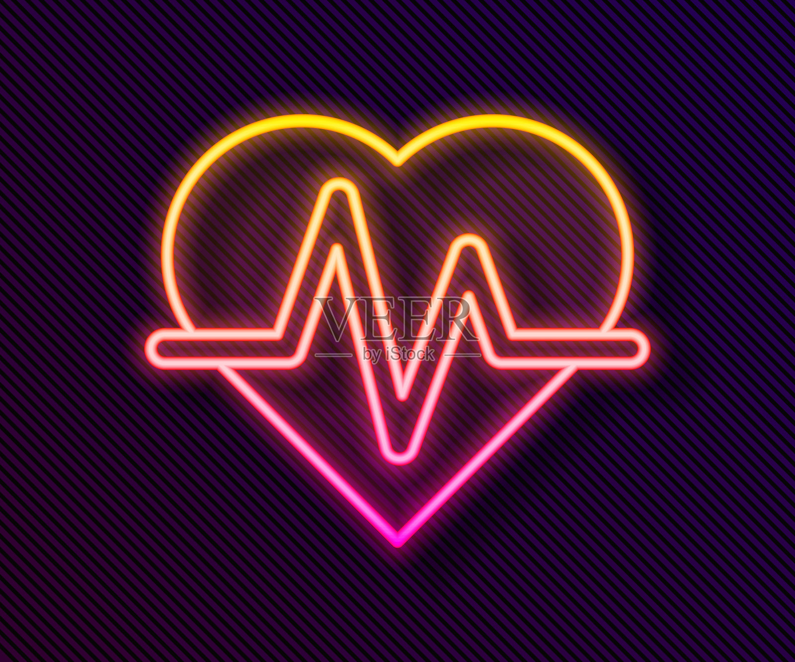 发光的霓虹灯线心率图标孤立的黑色背景。心跳信号。心脏脉搏图标。心电图图标。向量插画图片素材