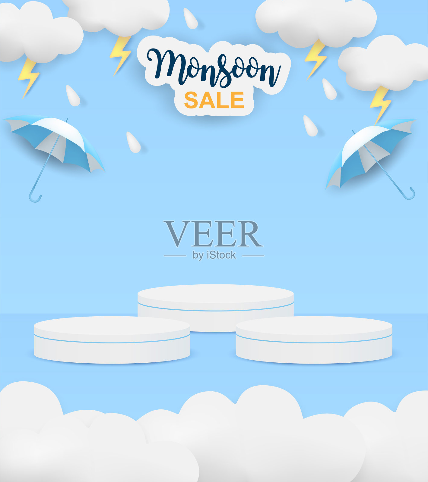季风季节主题产品展示平台。设计与云和雨滴在蓝天的背景。向量。插画图片素材