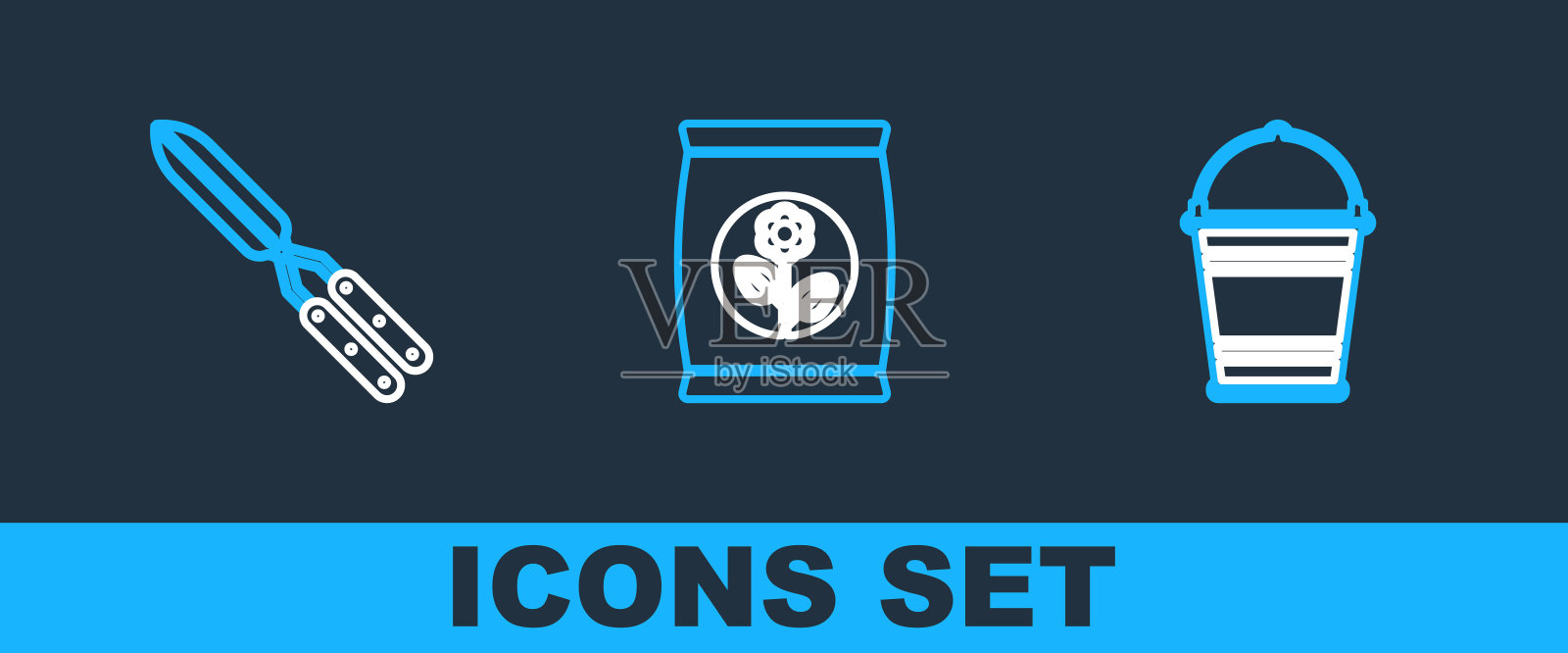 在地面上种植树木，手工园艺剪刀和肥料袋图标。向量插画图片素材