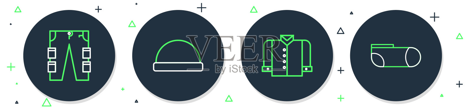 设置线豆帽，t恤，工装裤和运动袜图标。向量图标素材