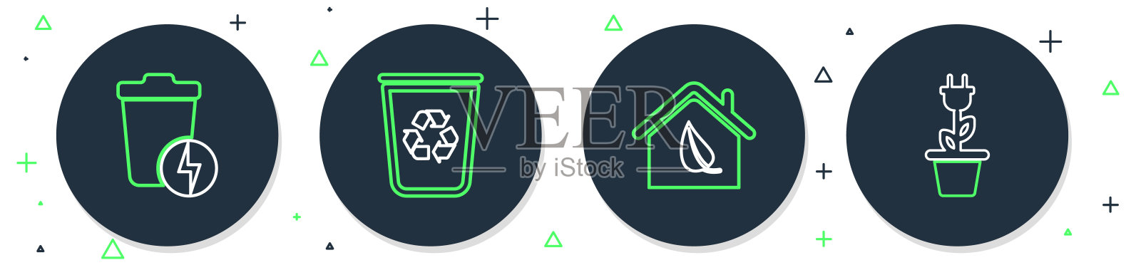 设置线回收站与回收，环保的房子，闪电垃圾桶和节电插头锅图标。向量图标素材