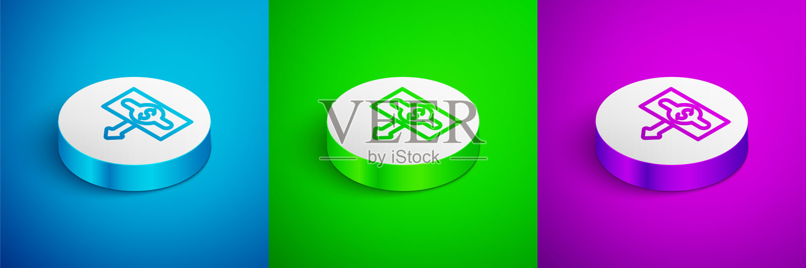 等距线美元汇率下降图标隔离在蓝色，绿色和紫色的背景。降低成本。金钱符号与向下的箭头。业务损失危机减少。白色圆圈按钮。向量插画图片素材