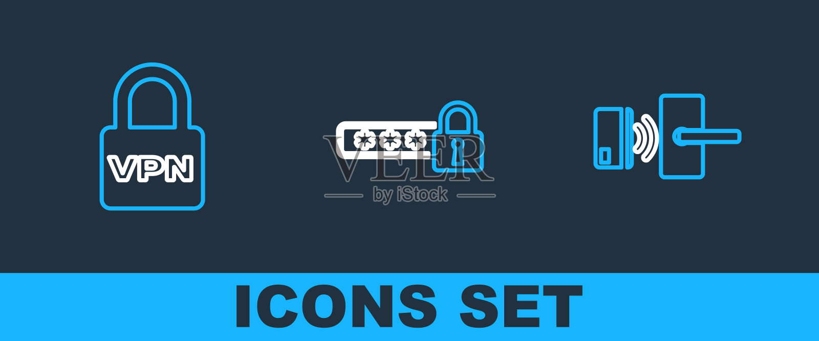 设置线数字门锁与无线，锁定VPN和密码保护图标。向量图标素材