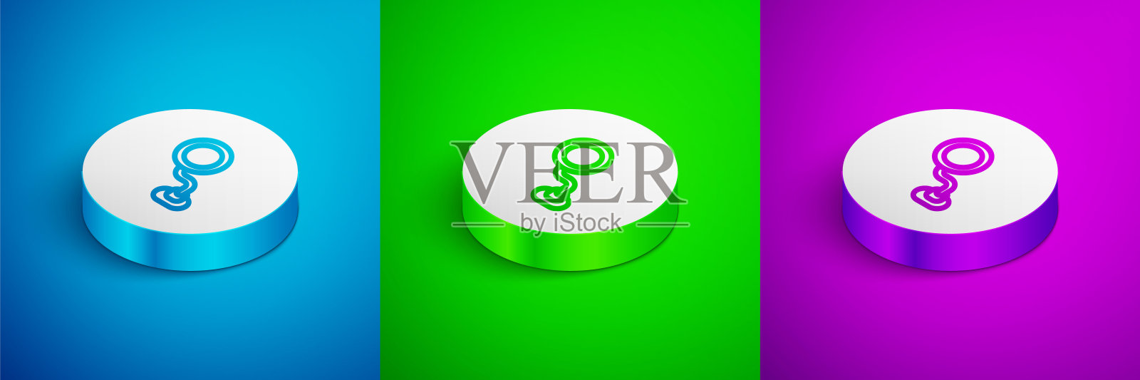 等距线道路交通标志。路标图标隔离在蓝色，绿色和紫色的背景。指针的象征。孤立的街道信息标志。方向的信号。白色圆圈按钮。向量图标素材