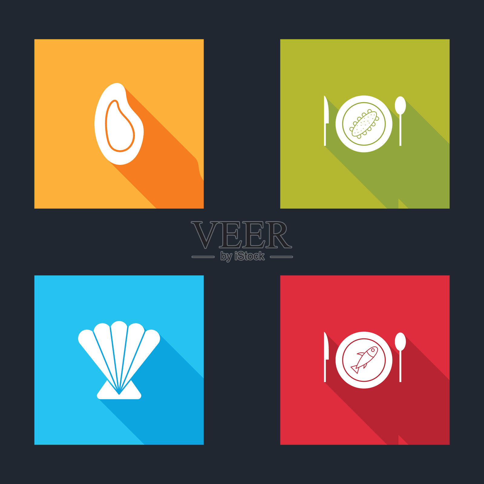 贻贝，黄瓜，扇贝，贝壳和鱼的图标。向量图标素材