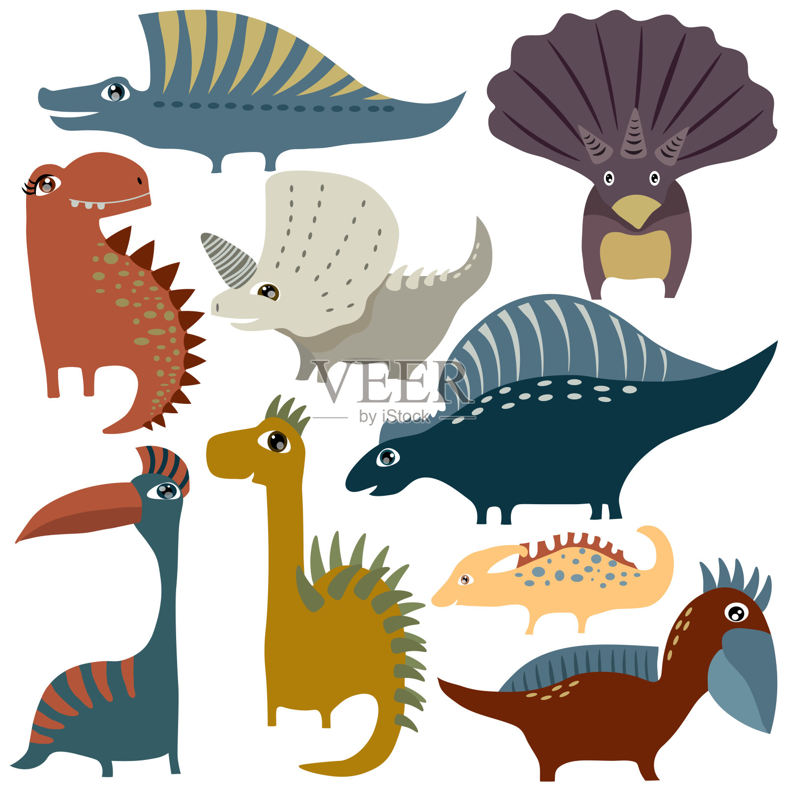 各种可爱的恐龙收集在地球色调的颜色。矢量插图在白色的背景插画图片素材