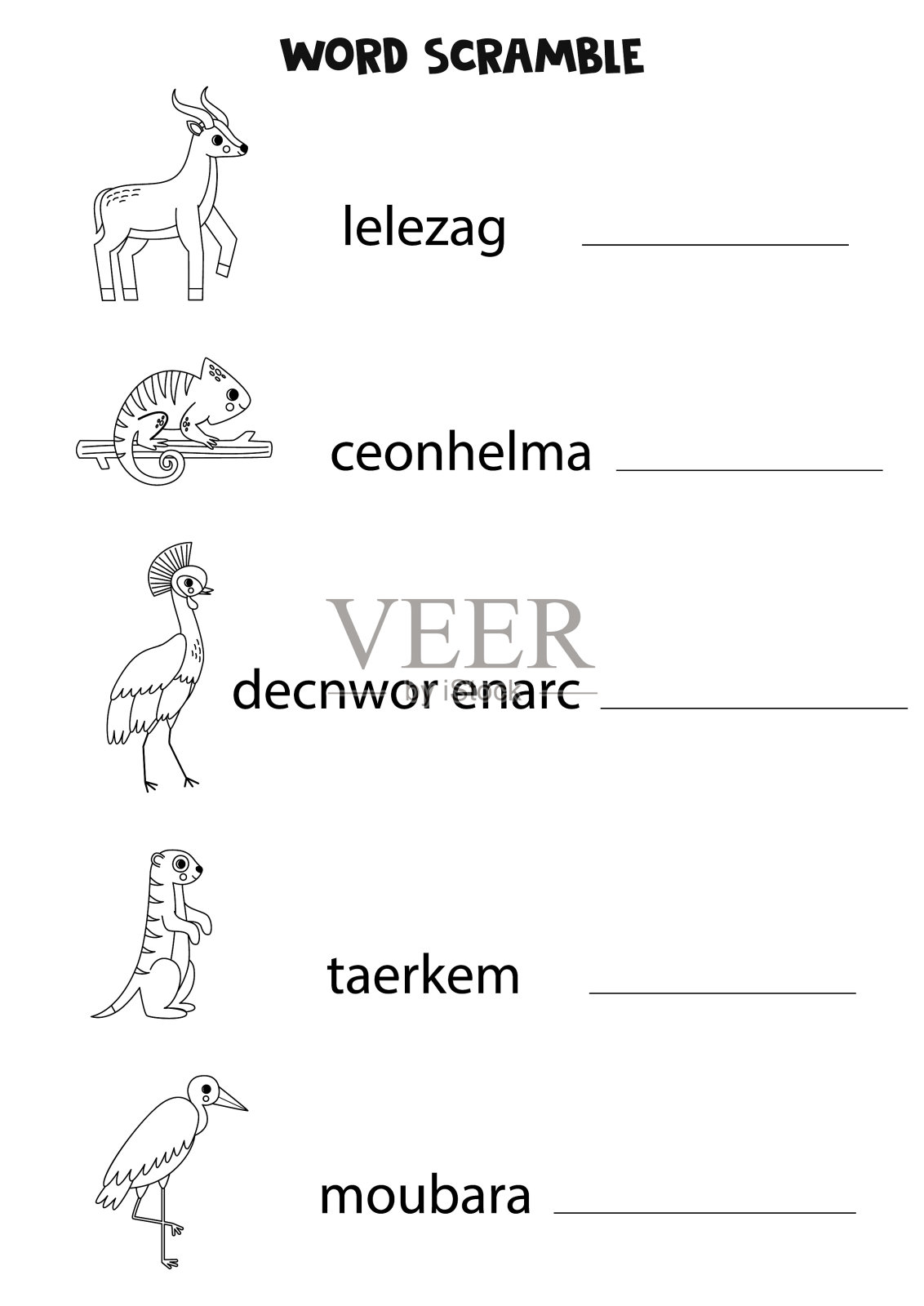 儿童拼图。孩子们拼字游戏。黑白相间的非洲动物。插画图片素材